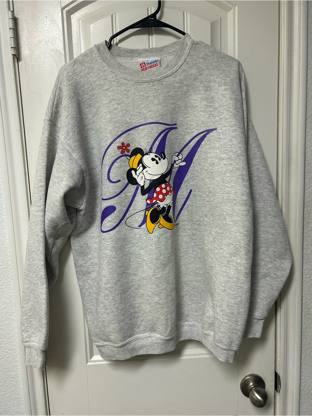 Hanes Gray Crewneck Sweatshirt with Minnie Mouse and Purple Script